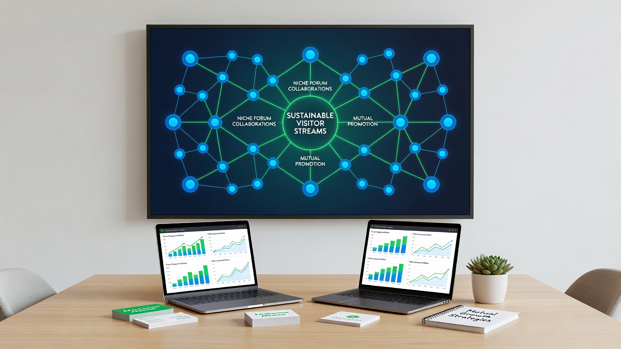 Group of independent site owners mapping out mutual promotion strategies inside a specialized online forum